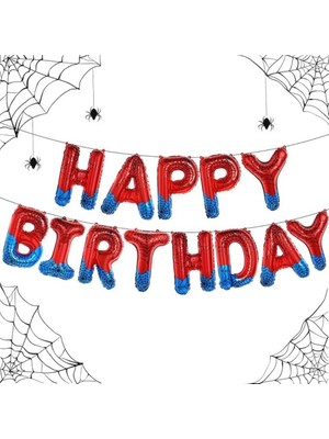 Örümcek Ağı Desenli Mavi Kırmızı Happy Birthday Folyo Balon Set
