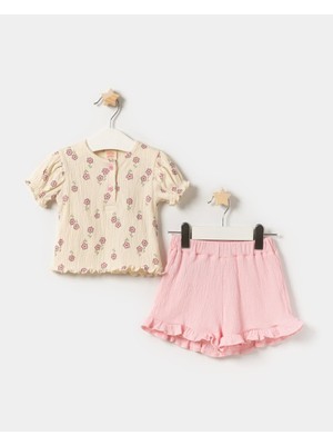 Kız Bebek Pamuklu Çiçek Desenli Bluzlu Fırfırlı Şort Takım - Yazlık 2'li Set	