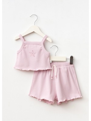 Kız Çocuk Pamuklu Pembe Deniz Yıldızı Nakışlı Crop Şort Takım - Ribana Kumaş