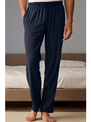 elemge %100 Pamuk Süprem Erkek Pijama Altı Lacivert Cepli Rahat Kalıp Relax Fit Lastikli Ipli Terletmez