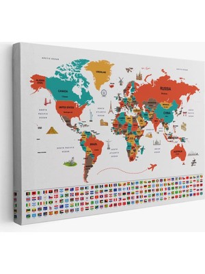 Dünya Haritası Ülke Bayraklı ve Başkentli Kanvas Tablo 1923