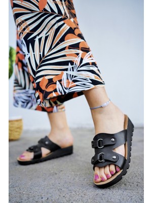 Siyah Kadın Dolgu Topuk Terlik Şık Rahat Deniz Plaj Çeyiz Terliği