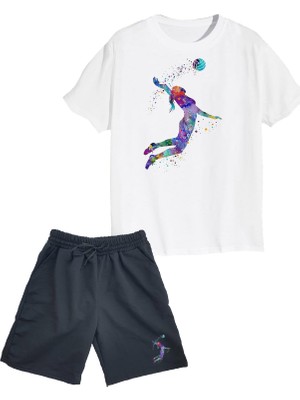 2'li Set Baskılı Kız Çocuk Pamuk Şort Tshirt Takım Voleybol 5 6 7 8 9 10 11 12 13 14 Yaş Tişört