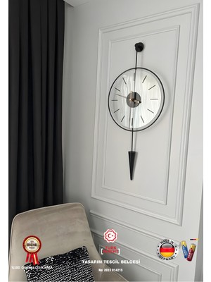 Modern Siyah Metal Duvar Saati, Camlı Sarkaçlı, Orta Boy (37X85)