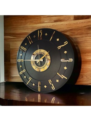 50CM Siyah Gold Desenli Ahşap Duvar Saati, Şık ve Dekoratif Ev Hediyesi