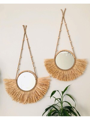 Şık Hasır Rafya Yelpaze Ayna 2'li Set, Evinizde Doğal ve Zarif Bir Dokunuş Sağlar.