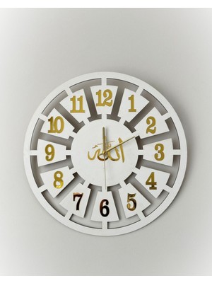Aynalı Pleksiglass Duvar Saati, Allah ve Vav Kelamı, 40X40 Cm, Beyaz Renk