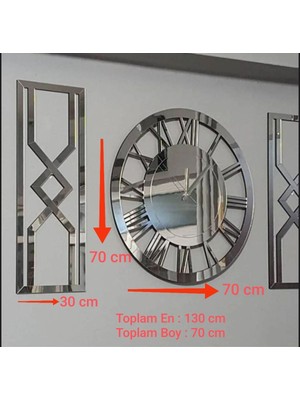 Büyük Boy Aynalı Gümüş Tablo ve Duvar Saati 3'lü Set, Şık ve Modern Dekorasyon Parçası