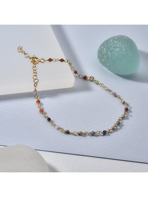 14 Ayar Altın Kaplama  Çok Renkli Doğal Taşlı  El Yapımı Gümüş Bileklik - CBS00131