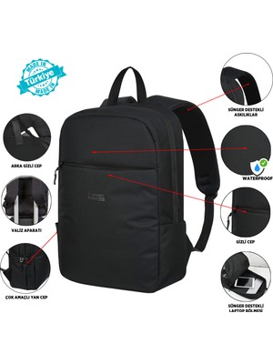 Roxy Siyah Su Geçirmez Laptop Sırt Çantası - Gizli Cepli , Sünger Destekli , 15.6-16.1-16.9 Inç Uyumlu