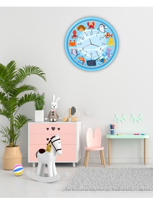 Renkli Ahşap Duvar Saati, Deniz Canlıları Teması, Çocuklar Için Dekoratif Saat 33X33