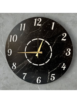 Modern Siyah Mermer Desenli Büyük Duvar Saati, Sessiz ve Şık Tasarım