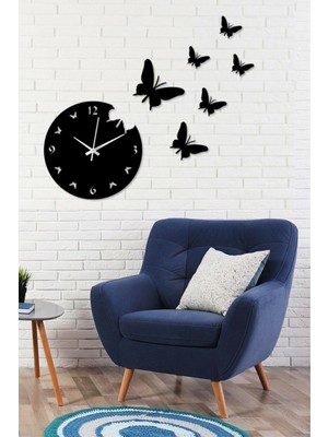 Şık Siyah Uçan Kelebekler Ahşap Duvar Saati, 7 Parça Dekoratif Tasarım