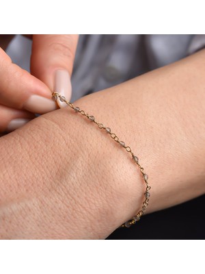 14 Ayar Altın Kaplama Duman Rengi Kuvars Doğal Taşlı El Yapımı Gümüş Bileklik - CBS00132