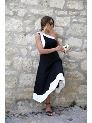 Siyah Tek Omuz Kurdele Detaylı Kadın Krep Elbise