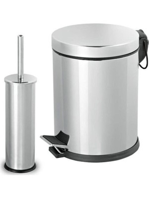 3 Litre Paslanmaz 2'li Banyo Seti Pedallı Çöp Kovası Wc Klozet Tuvalet Fırça Seti Banyo Çöp Kovası
