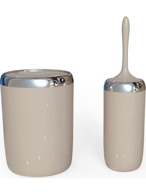 Lima Krom Dekorlu Banyo Çöp Kovası Tuvalet Fırçası 2'li Set-Bej