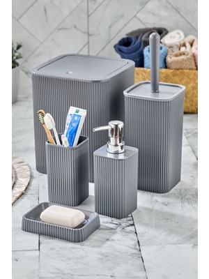 Line 5 Parça Kare Banyo Seti - Çöp Kovası Wc Fırçası Sıvı-Katı Sabunluk Diş Fırçası