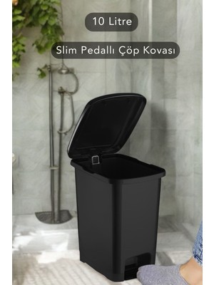 Slim Pedallı Banyo Mutfak Çöp Kovası - 10 Litre - Siyah