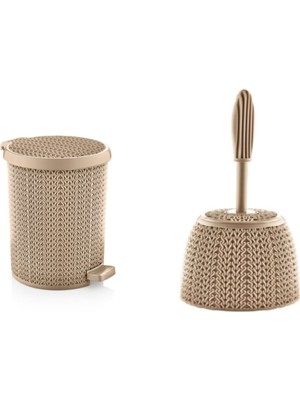 Örgü Desenli Pedallı Çöp Kovası 3,5 Litre + Klozet Fırçası Krem