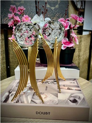 2'li Dekoratif Kelebekli Gold Ayaklı Küre, 22X8 Cm, Şık ve Zarif Ev Süsü.