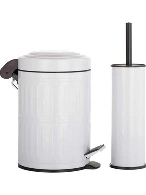 Vintage 2 Li Çöp Kovası Çöp Kutusu Banyo Seti Çizgili Model Beyaz 5 Litre ve Wc Fırçası Seti