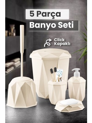 5 Parça Vanity Klik Kapaklı Banyo Seti - Dekoratif Çöp Kovası Diş Fırçalık Sabunluk Fırça Seti