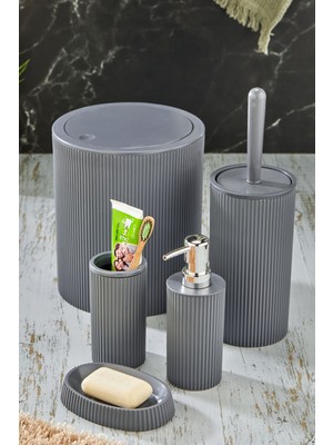 Line 5 Parça Yuvarlak Banyo Seti - Çöp Kovası Wc Fırçası Sıvı-Katı Sabunluk Diş Fırçası
