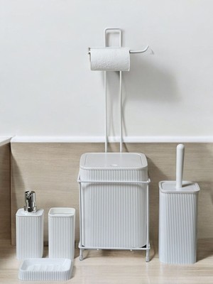6 Parça Banyo Seti Metal Stantlı Çöp Kovalı Wc Kağıtlık ve Tuvalet Fırçası Katı - Sıvı Sabunlu