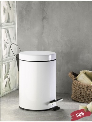 Banyo Tuvalet Balkon Mutfak, Beyaz Renkli Pedallı Metal Çöp Kovası 3 Litre