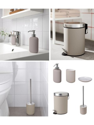 5'li Banyo Seti Çöp Kovası (Çelik) - Diş Fırçalık Sabunluk Tuvalet Fırçası (Porselen)