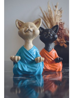 Turkuaz Renkli Yoga Yapan Kedi Biblo, Şık ve Sevimli Dekor Parçası