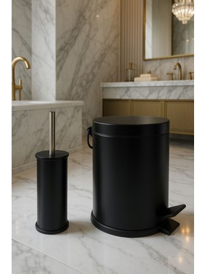 Siyah Çelik Metal 3 Litre Pedallı Çöp Kovası ve Wc Fırçası Seti Banyo Seti