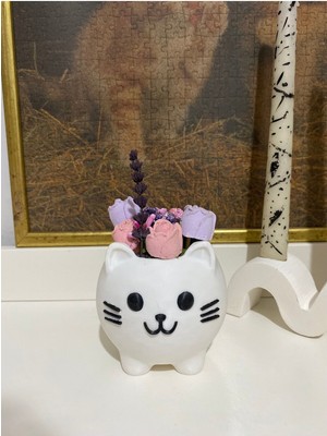 3D Kedi Figürlü Dekoratif Saksi, Beyaz