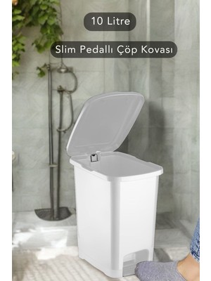 Slim Pedallı Banyo Mutfak Çöp Kovası - 10 Litre - Beyaz
