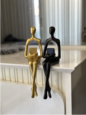 Siyah Altın Renkli 2 Adet Soyut Heykel Biblo, Modern Ev Dekorasyonu Için Şık Seçim