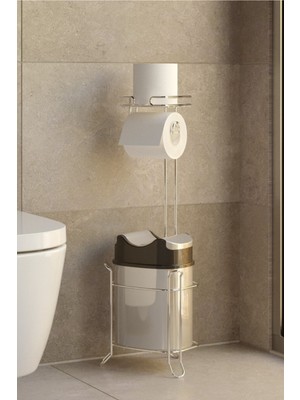 Yutan Kapak Çöp Kova ve Tuvalet Kağıtlık Krom+Gri MG098