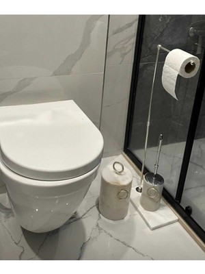 Doğal Mermer Tabanlı Wc Peçetelik - Çöp Kovası - Wc Fırçalık - Beyaz