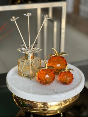 3'lü Kristal Elma ve Koku Şişesi Seti, Turuncu ve Gold Renk, Şık Dekorasyon Parçası
