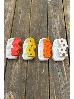 Beyaz Çiçek ve Kalp Şekilli Silikon Mum Kalıpları Dörtlü Set