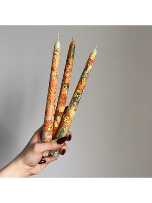 El Yapımı Çift Çiçek Desenli Lüks Dekoratif Mum Seti