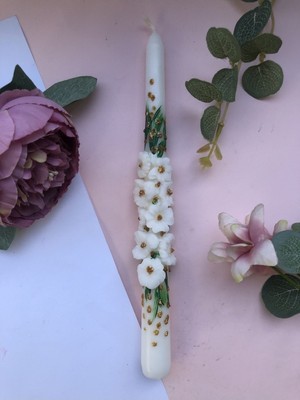 El Boyaması Gold Detaylı Papatya ve Çiçek Kabartmalı Şamdan, Mum Boyutlu Dekoratif Ürün