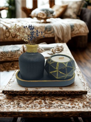 Şık Siyah ve Altın Dekoratif Vazo ve Mum Seti, 3'lü Tasarım