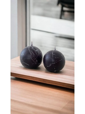 Şık 2'li Mermer Desenli Büyük ve Küçük Top Mum Seti Siyah