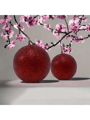 Iki Adet Simli Top Mum, Büyük ve Küçük, Kırmızı Renkli, Şık ve Parlak Dekoratif Ürün