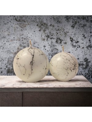 2'li Mermer Desenli Büyük ve Küçük Top Mum Seti, Beyaz Renk