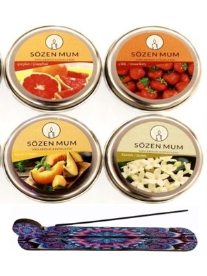 Renkli 4 Kokulu Mum ve Ahşap Tütsülük Seti, Huzurlu Atmosfer Için