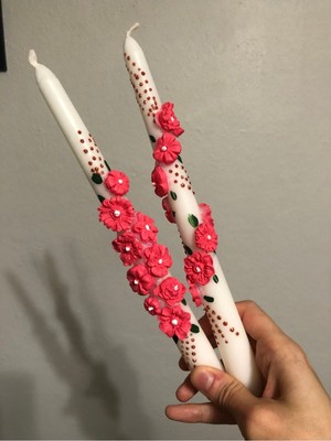 2’li Pembe Çiçekli Üç Boyutlu Şamdan ve Mum Seti, Papatyalı Desenli