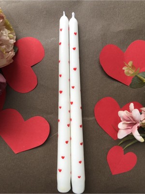 Kırmızı Kalp Desenli El Çizimi Beyaz Konik Şamdan Mum, Anneler Günü Hediyesi