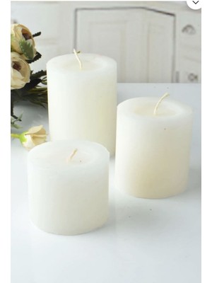 3’lü Beyaz Kütük Mum Seti, Dekoratif, 5,5x6,5x8 cm